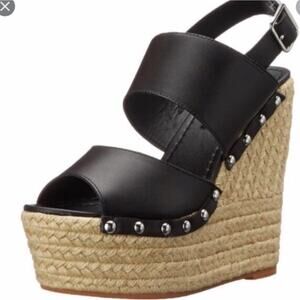 Steve Madden Jummbo Black Leather Wedge Espadrille Sandals - 8M
